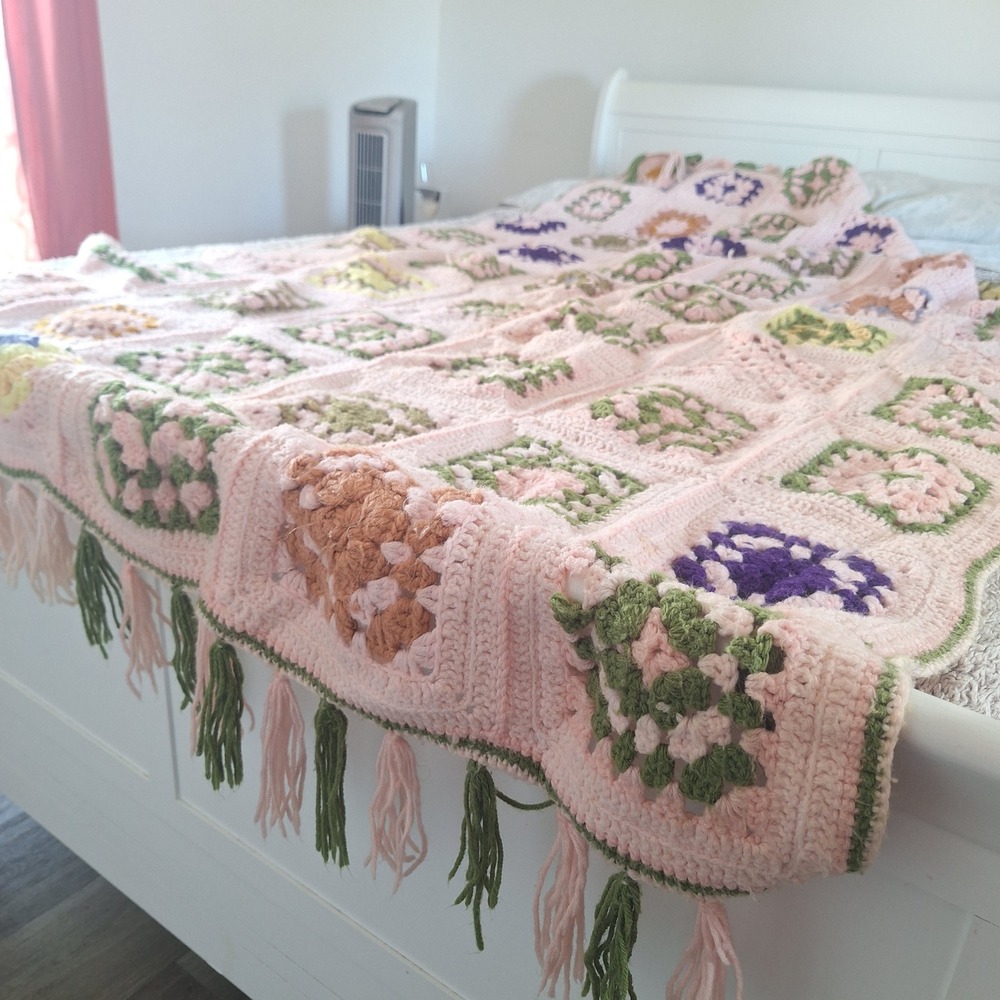 Pink Square Afghan Crochet Blanket Tassle Fringe Vintage Handmade 50x80